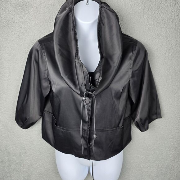 ECI New York Jacket Womens 12 Black Satin Big Collar Swing Crop Pockets Stretch - Picture 6 of 16